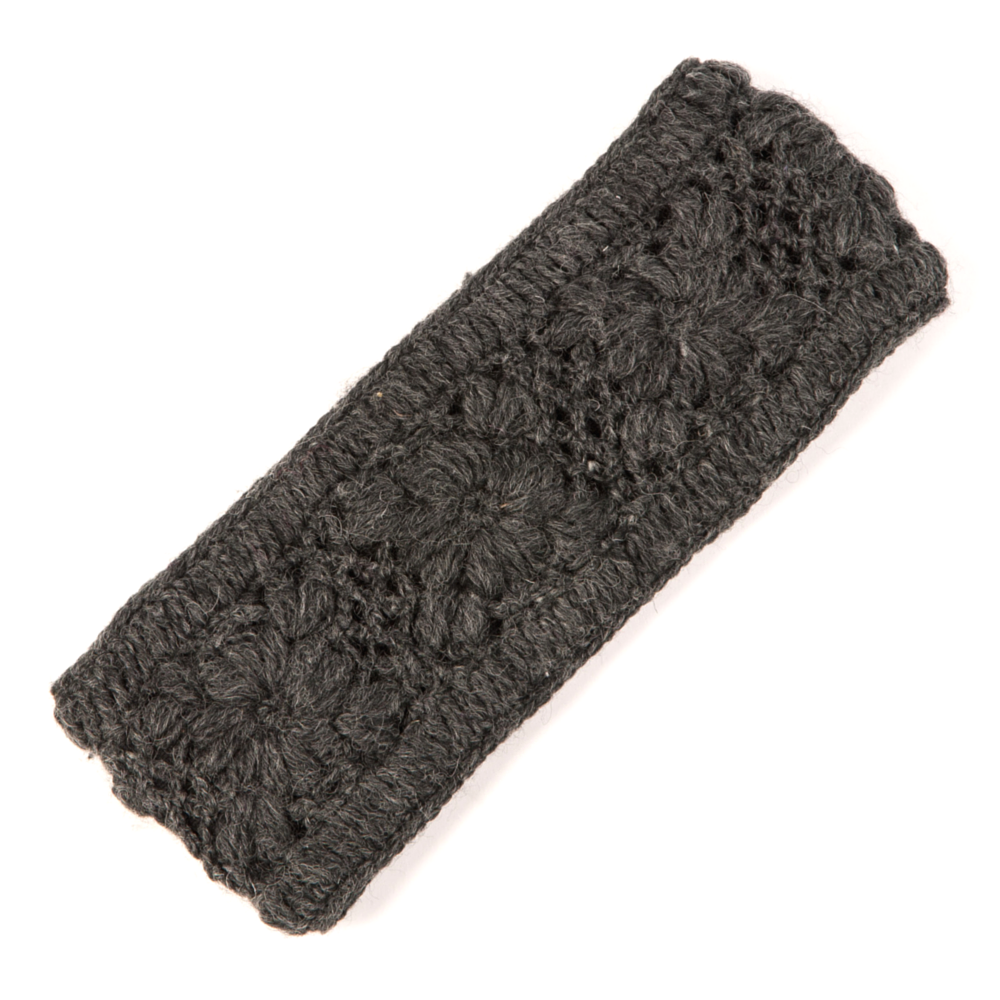 A handmade black Flower Crochet Headband- SOLIDS on a white background.