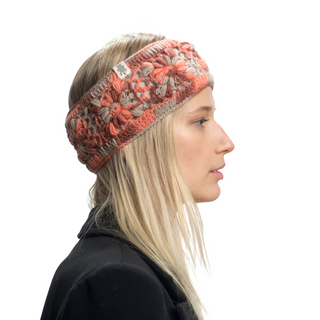 A woman wearing an orange Flower Crochet Headband- MULTI's.