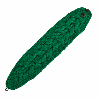 Handmade in Nepal, knitted green wool Soho Headband with Elastic Button Closure on a white background.