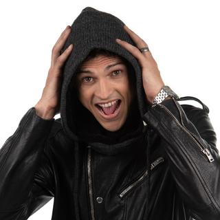 A man in a black leather jacket with a Hero Hood over his head.