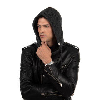 A man wearing a black leather jacket with a Hero Hood.