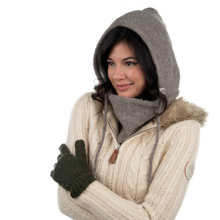 A woman wearing a Hero Hood and gloves.