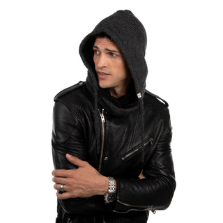 A man wearing a black leather jacket and a Hero Hood.