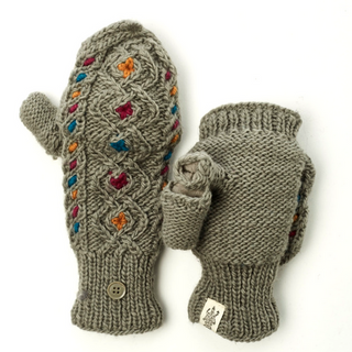A pair of Lucy In the Sky Fingerless Gloves w/ Flap with colorful embroidered accents and buttons displayed on a white background.