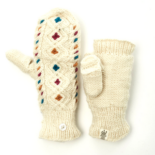 A pair of Lucy In the Sky fingerless gloves w/ flap with a geometric colorful pattern on the back and a button to secure the finger cover, made from cozy Merino Wool.