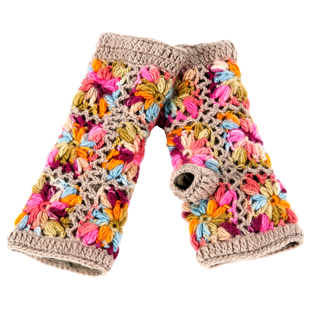 Multi Color Flower Crochet Wool Handwarmers - 100% Wool Hand