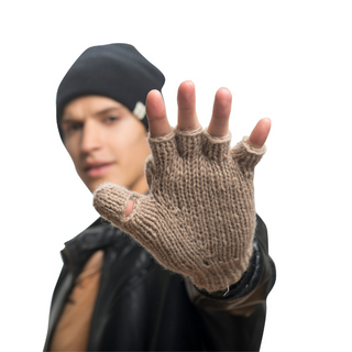 A man wearing a beanie and Fingerless Gloves with Button Flap and Fleece Lining, an important detail for this product description.