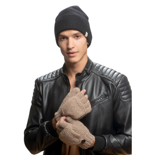 A man wearing a leather jacket and Fingerless Gloves with Button Flap and Fleece Lining, an important detail for the product description.
