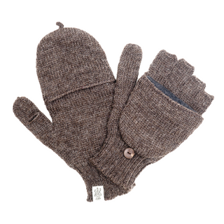 A pair of brown Bryant Fingerless Gloves with Flap made with natural ingredients on a white background.