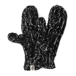 A pair of black and white knitted Mittens with fleece lining on a white surface.