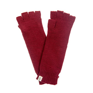 A pair of women's red fingerless gloves, branded as Long Legacy Handwarmers, on a white background.