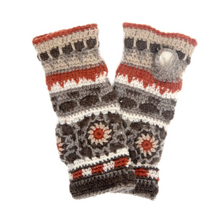 Pair of Dreams Crochet Handwarmers with traditional pattern design in red, gray, and beige colors, featuring a button on each wrist area. Handmade in Nepal.
