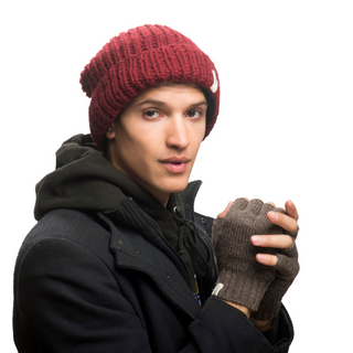 A man wearing a red beanie and Striped and Solid Fingerless Gloves for a winter look.