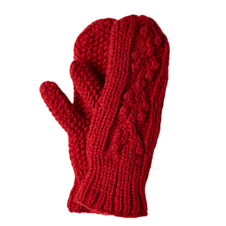 A Ball Knit Mittens w/ Fleece Lining with cable patterns, handmade in Nepal, isolated on a white background.