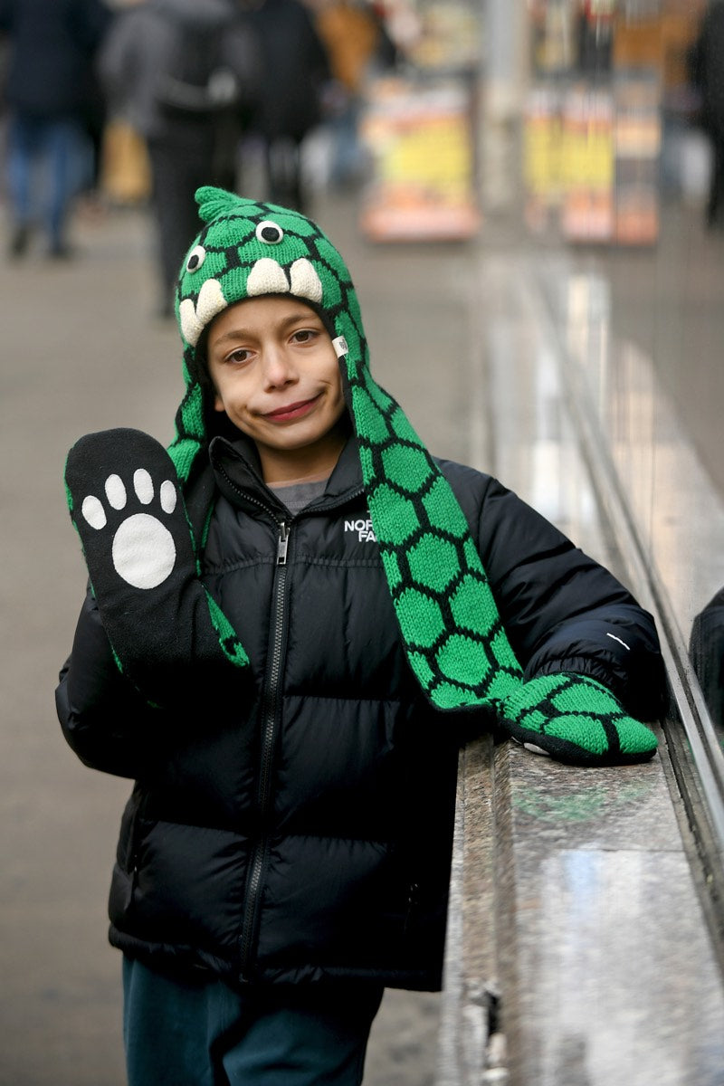 Child in a dinosaur knit hat and mittens