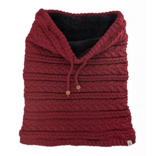 A red merino wool Lou Neckwarmer with a black hood.