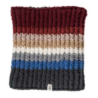 A handmade in Nepal Hi Fidelity Neckwarmer with horizontal stripes, ranging from dark blue at the bottom to dark red at the top, displayed flat on a white background.