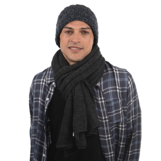 A man wearing an Air Wrap Scarf and hat.