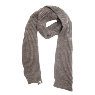 A handmade grey ribbed Laurent Scarf on a white background.