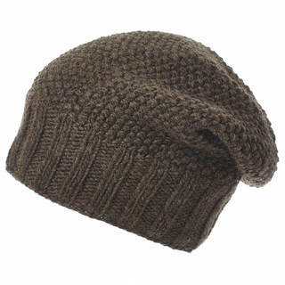 A brown knitted Weiland Slouch hat with a ribbed pattern and fleece lining on a white background.