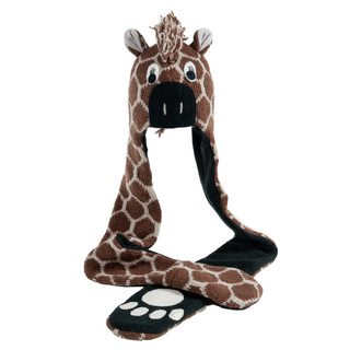 Stuffed Giraffe Hatscarf with dangling flaps displaying paw-like patterns at the ends, isolated on a white background.
Product Name: Giraffe Hatscarf