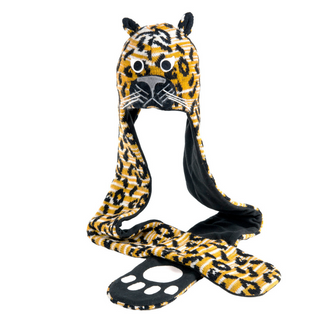 The Leopard Hatscarf is designed to resemble a leopard, with extended arms and paw prints.