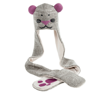 A hand-knit wool hat with a Mouse Hatscarf face and a scarf.