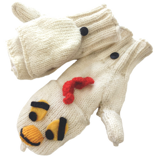 A pair of New Chicken Cover Mittens with animal face designs and protruding ears on the back of the hands, handmade in Nepal.