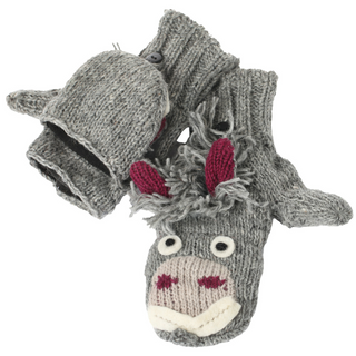 A pair of gray Donkey Cover Mittens with a reindeer design, featuring red accents on the antlers and nose.