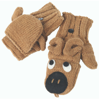 A pair of brown hand-knit wool Moose Cover Mittens with a whimsical moose face design, featuring button eyes and a prominent snout.