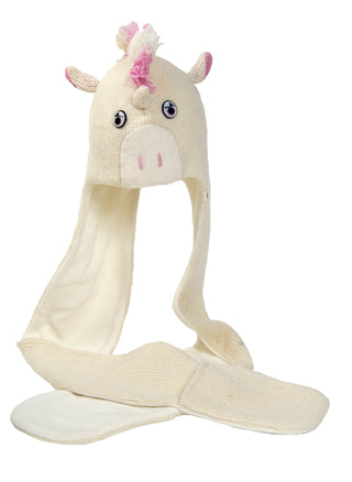 A hand-knit white Unicorn Hatscarf with a pink unicorn on it.