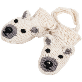 A pair of Polar Bear Mittens designed to resemble cartoonish dog faces, featuring black and gray facial details on a white background.