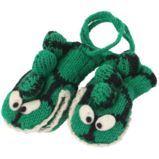 A pair of green, hand-knit Dinosaur Mittens.
