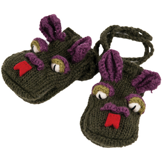 A pair of Dragon Mittens designed to look like monster faces, with knitted eyes and fangs, featuring a polyester lining, against a white background.
