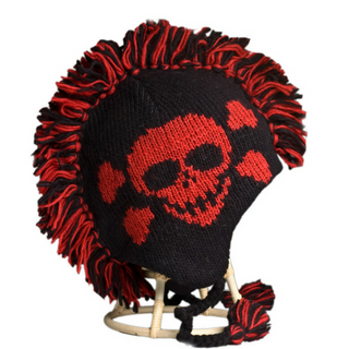 A black and red wool knitted ski mask with a Skull Mohawk design, handmade in Nepal.