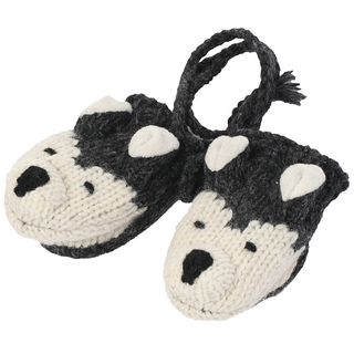 A pair of hand-knit wool wolf mittens on a white background.