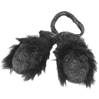 A pair of Nepal hand-knit wool, gray, furry earmuffs with cartoonish Gorilla Mittens faces.