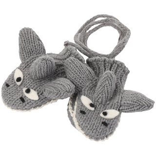 A pair of grey woolen Shark2 mittens with shark eyes, knitted in Nepal.