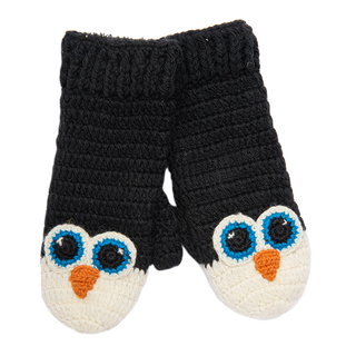A pair of Crochet Penguin Mittens with blue eyes.