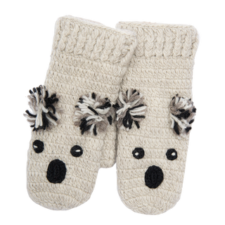 A pair of Crochet Koala Mittens with pom poms, featuring a Sherpa lining.