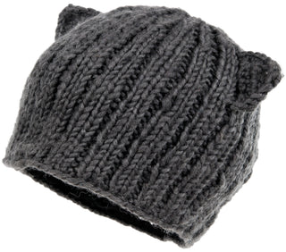 A gray knitted wool Cat Ear Beanie hat with a ribbed texture, displayed on a plain white background.