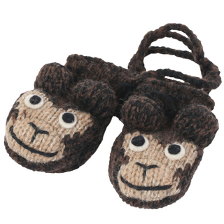 A pair of hand-knit Cheetah Monkey Mittens on a white background.