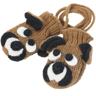 A pair of hand-made Bulldog Mittens knitted from 100% wool in Nepal, showcased on a white background.