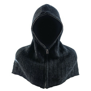 A black wool knit Zipper Hood balaclava with a hood and a zippered opening for the face, handmade in Nepal.