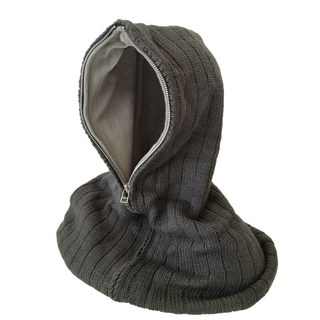 Handmade in Nepal, this knitted gray wool Zipper Hood cowl is photographed against a white background.
