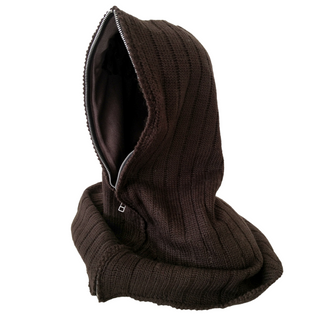 This is an image of a dark brown, wool knitted Zipper Hood, likely a hoodie or sweater, handmade in Nepal and displayed without a person wearing it against a white background.