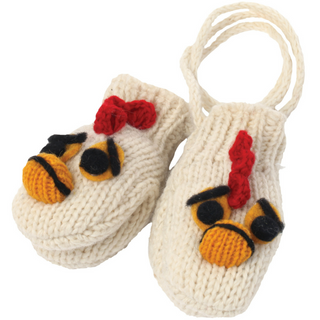 A pair of Chicken2 Mittens with a bee design and red flower accents, featuring black and yellow bee faces and small loops for hanging.