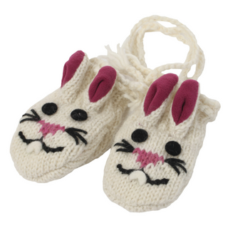 A pair of knitted wool Bunny Mittens from Nepal on a white background.
