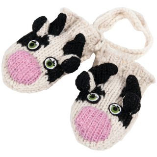 Sentence with Product Name: A pair of hand-knit Milk Cow Mittens with pink eyes.