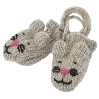 A pair of hand-knit wool slippers from Nepal with a Mousey Mittens design, featuring ears and facial features on the toes.